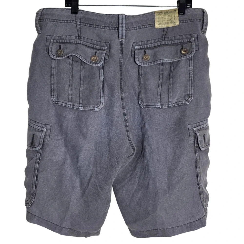 True Religion Vintage 100% Linen Cargo Shorts Mens 36 Charcoal Gray Utility Good